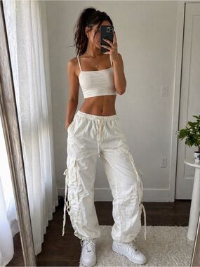 ZARA White Cargo Parachute Pants Joggers Drawstring Y2K XS